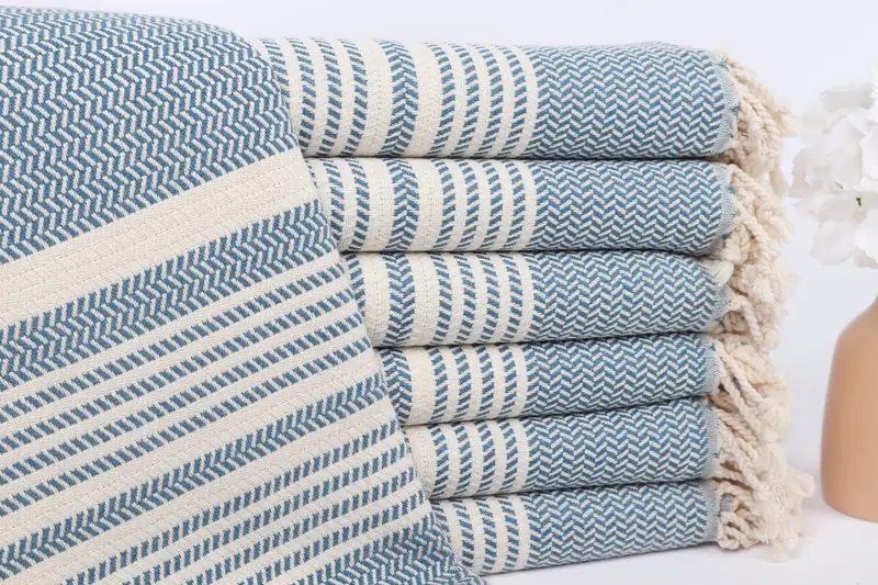 Monogramlı Plaj Havlusu Petrol Mavisi Çizgili, 40x71 İnç