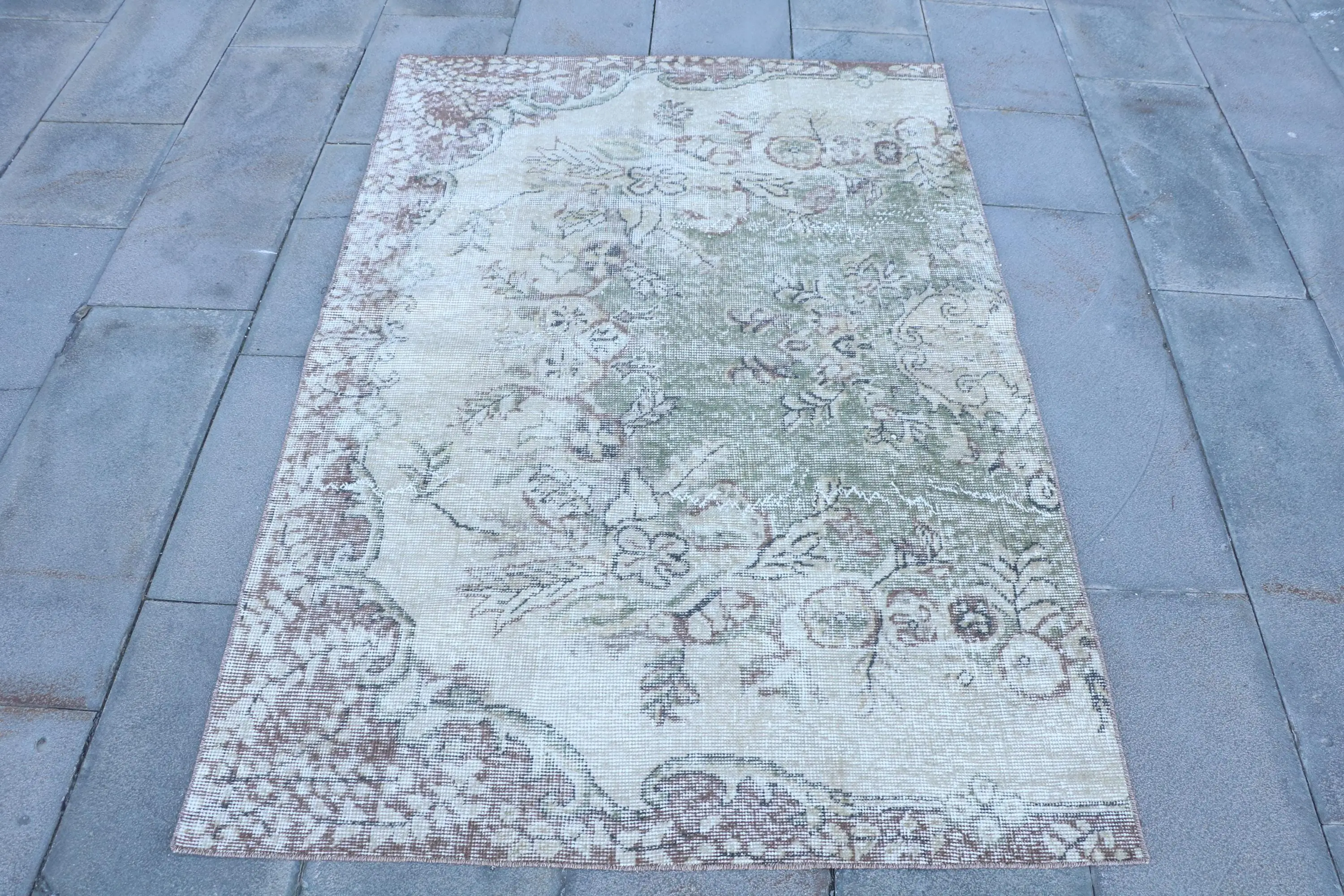 3.7x5.4 ft Halı, Türk Halısı, Vintage Kahverengi Yün Çizgili Halı - 1