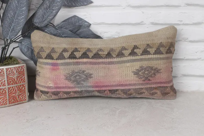 Cushion Cover, Kilim Cushion Sham, Throw Kilim Pillow, 8x16 Beige Pillow Cover, Boho Pillow Sham Cover, Decorative Bolster Cushion Case - 1
