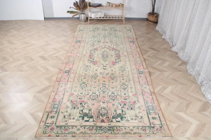 Alfombra de pasillo turca vintage 4,9x12,5 pies (148x380 cm), alfombra Oushak con estampado animal azul - 1