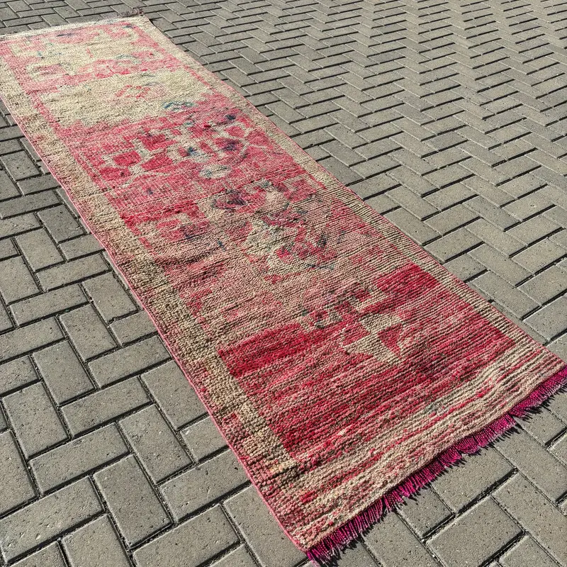 3.1x9.9 ft Runner Turkish Vintage Rug, Red Southwestern Wool Rug - 1
