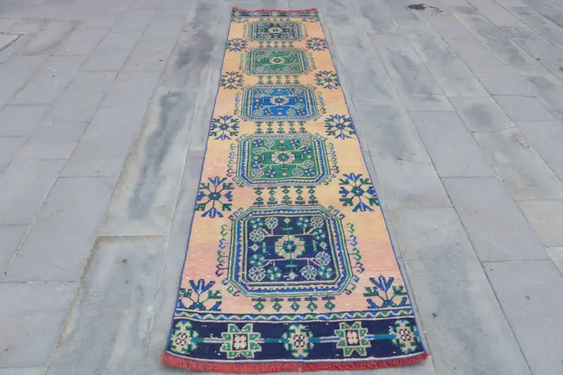 2.7x12.9 ft Runner Turkish Rug, Vintage Rug, Blue Green Oriental Wool Rug - 1
