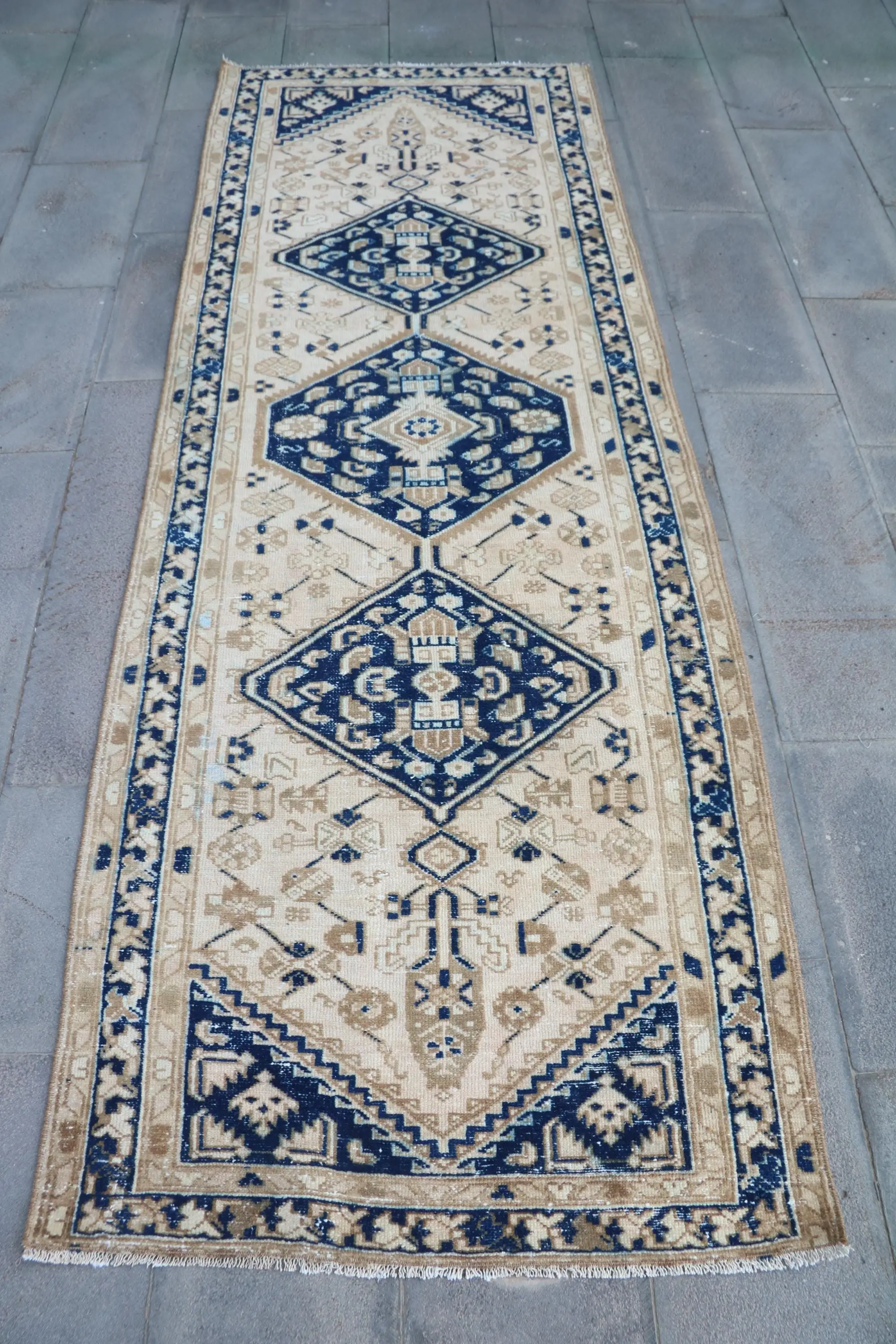 Vintage Runner Rug 3.3x9.4 ft, Blue Brown Bordered Rug Wool - 1