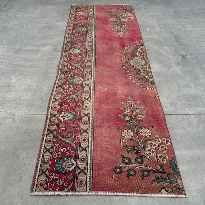 Turkish Vintage Rug, 3x8.8 ft Runner Rug, Red Blue Bordered Wool Rug - 1