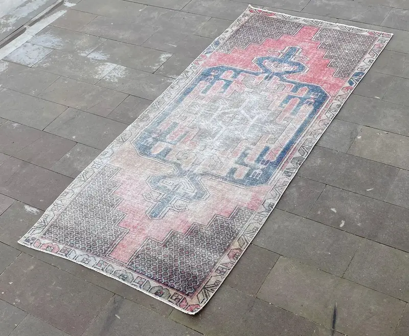Vintage Turkish Area Rug 3.7x8.8 ft (112x267 cm), Red Floral Oushak Rug - 1