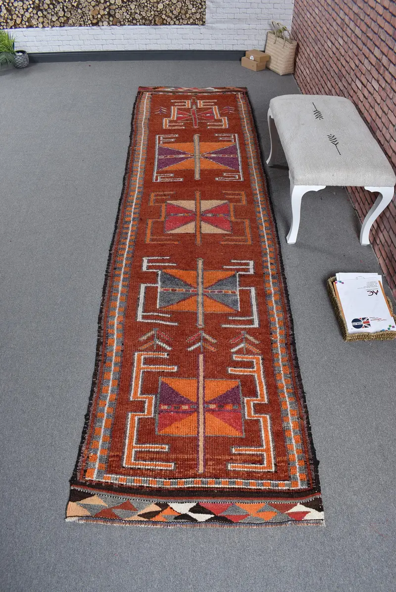 Herki Rug, 2.9x11.7 ft Turkish Rug, Brown Floral Rug Wool - 1