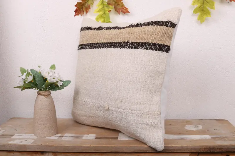 Handmade Kilim Cushion, Throw Kilim Pillow, 16x16 White Cushion Cover, Kilim Rug Cushion, Interior Designer Pillow, Pastel Pillow Sham, Pillow Sham - 4