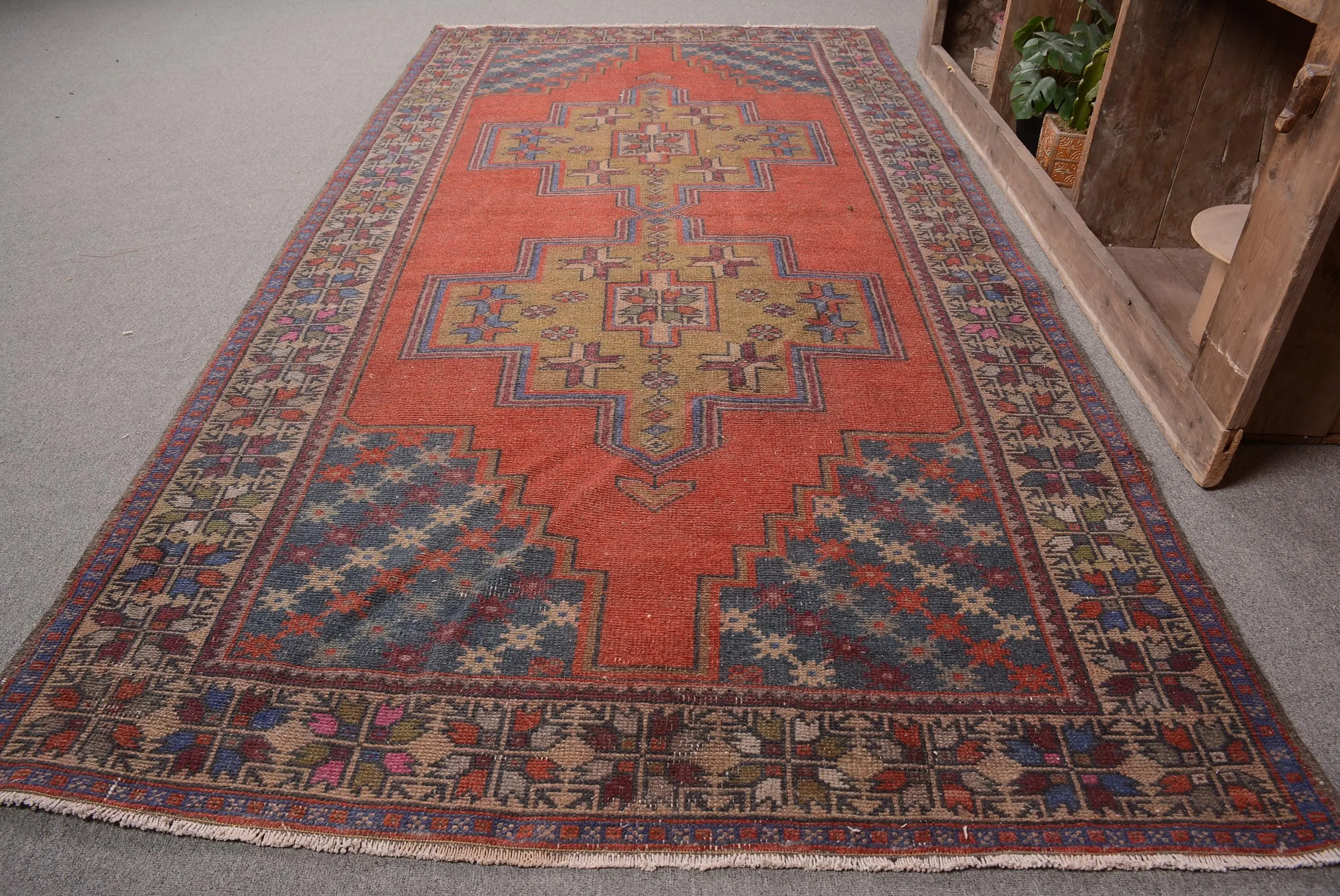 4.4x8.4 ft Turkish Rug, Vintage Area Rug, Red Blue Camouflage Rug - 1