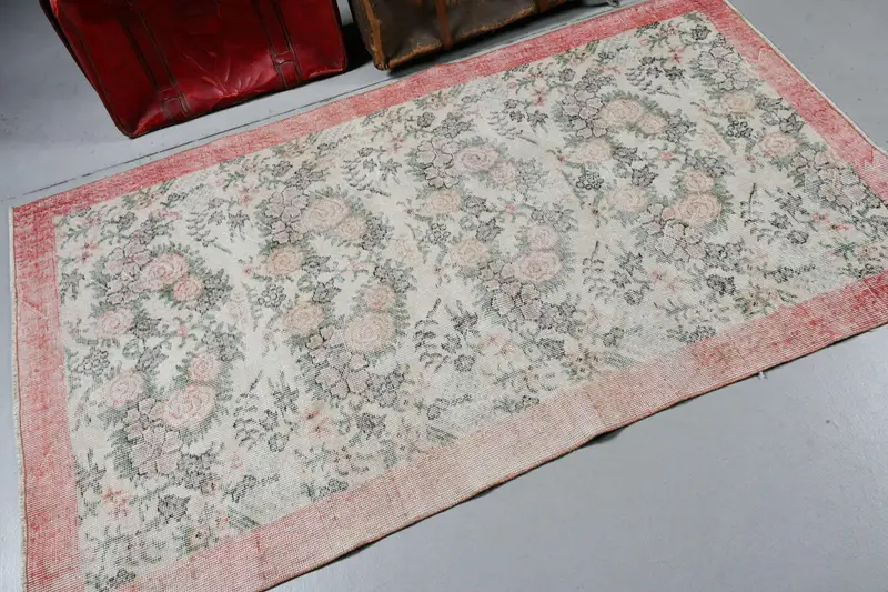 Türkischer Vintage-Teppich, 3,8x6,4 ft Oushak-Teppich, rot-grüner abstrakter Teppich - 1