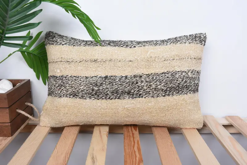 Kilim Pillow, Vintage Kilim Throw Pillow, Knitted Pillow Case, Cushion Cover, Chair Pillow Case, 12x20 Brown Cushion Cover, Antique Pillows - 1