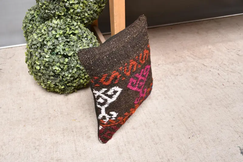 Ethnic Cushion, Cushion, Vintage Kilim Throw Pillow, 12x12 Brown Cushion Cover, Turkish Pillow, Kilim Cushion Sham, Living Room Throw Cushion - 7
