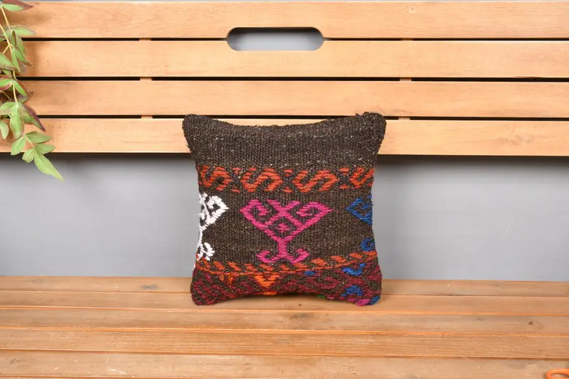 Ethnic Cushion, Cushion, Vintage Kilim Throw Pillow, 12x12 Brown Cushion Cover, Turkish Pillow, Kilim Cushion Sham, Living Room Throw Cushion - 6