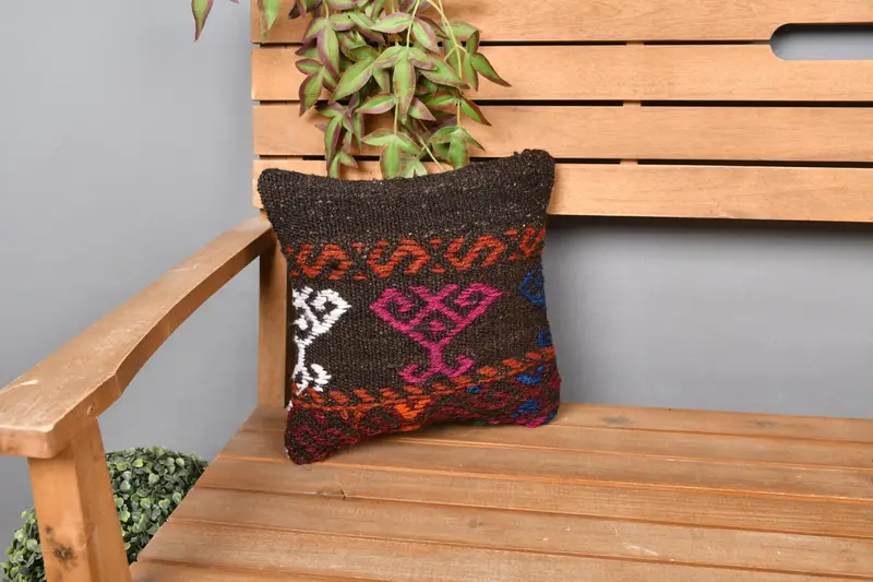 Ethnic Cushion, Cushion, Vintage Kilim Throw Pillow, 12x12 Brown Cushion Cover, Turkish Pillow, Kilim Cushion Sham, Living Room Throw Cushion - 1