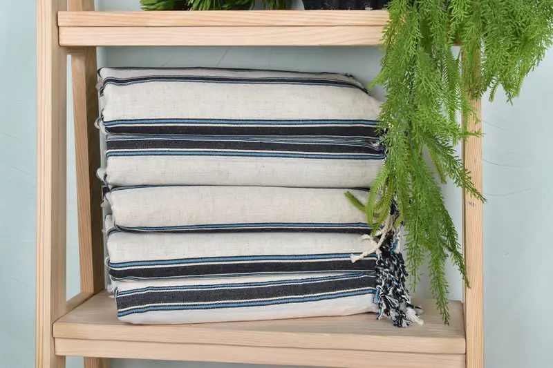 Beach Towel Navy Blue-Turquoise Striped Cotton Towel, 38x71 Inches