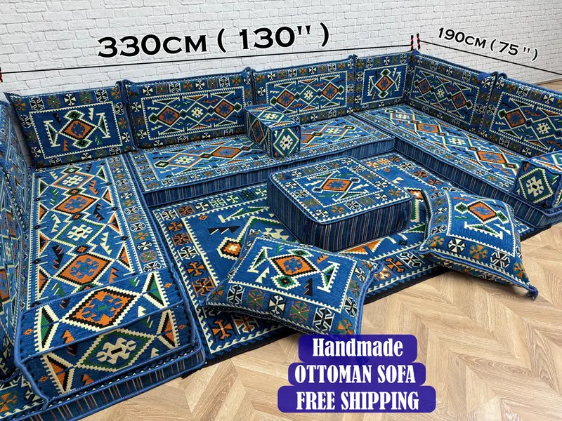 Conjunto otomano modular azul y rosa, otomanos de mezcla de lana inspirados en Kilim