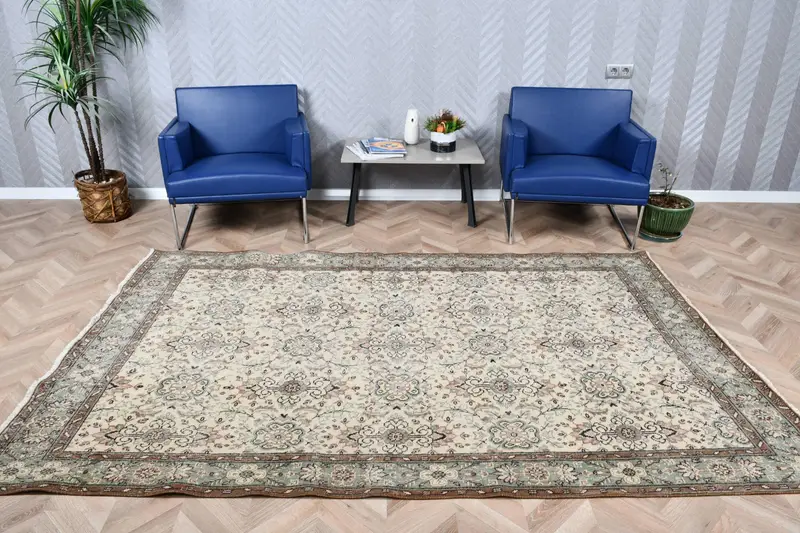 Alfombra vintage de 5,5x8,5 pies, alfombra turca Oushak, lana de alfombra de cheque beige - 1