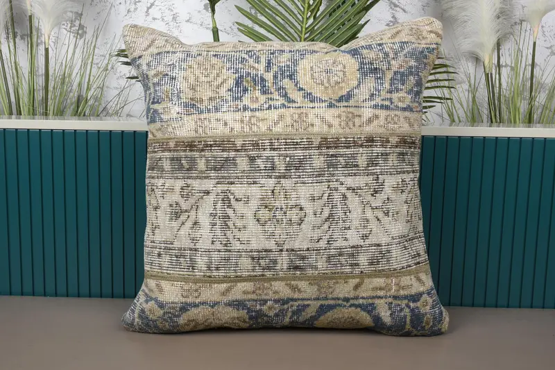 Blaues und beiges Patchwork-Wurfkissen, 24 x 24 Zoll besticktes Kissen