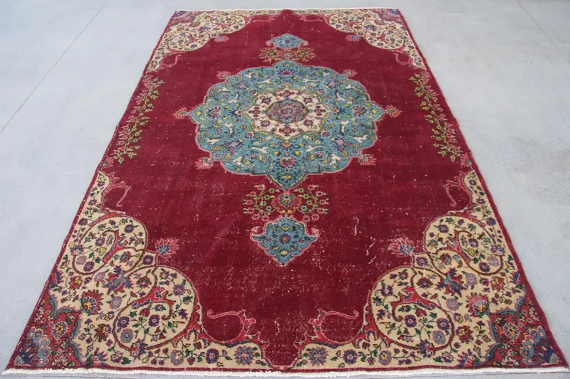 Roter und blauer Patchwork-Teppich, 7,3 x 11,4 Fuß, elegantes Dekor