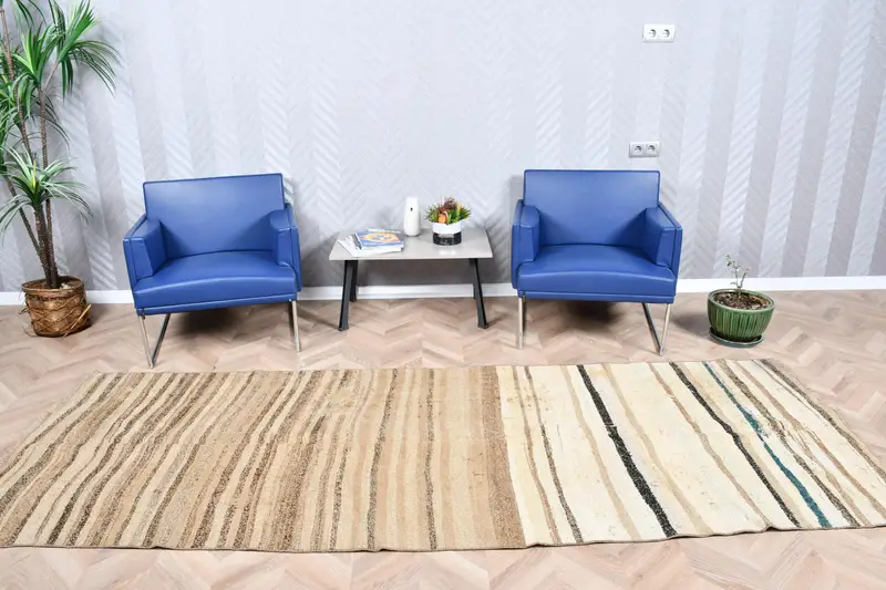 3.7x10.2 ft Vintage Kilim Halı, Kahverengi Çiçekli Türk Yün Halısı - 1