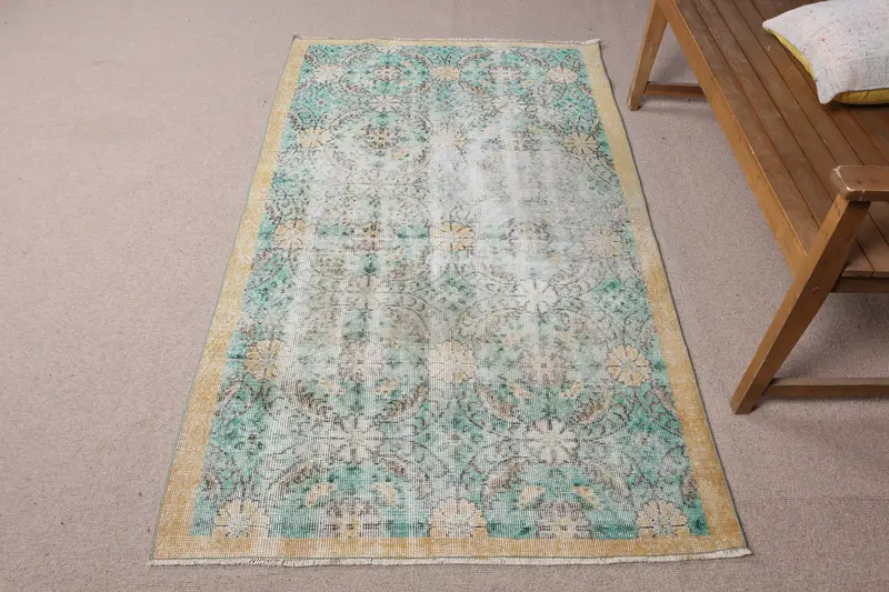 El Yapımı Yeşil Halı, 3,7x6,5 ft Sarı Çizgili
