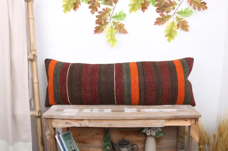 Rot & Orange gestreiftes Wurfkissen, 12x36 handgemachtes Leinenkissen