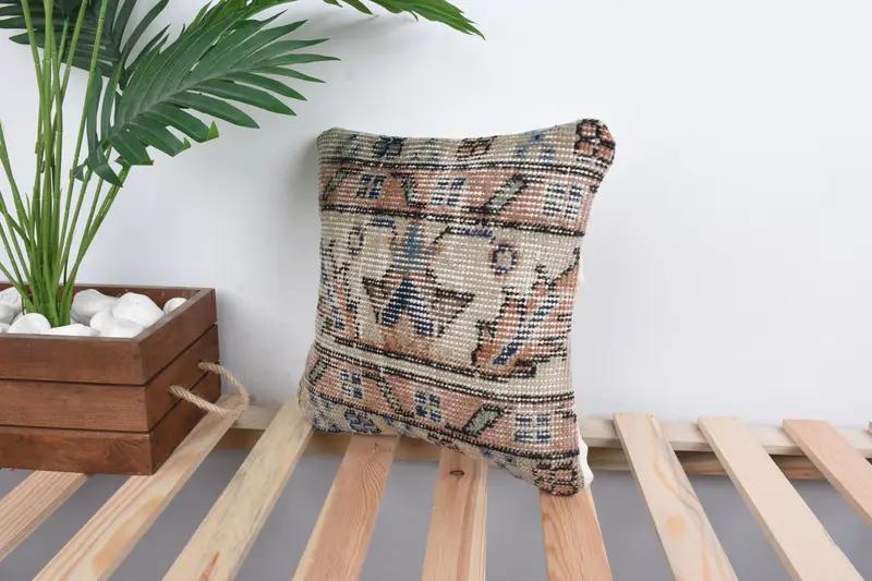 12x12 Beige Pillow, Tribal Cushion, Ethnical Kilim Rug Pillow, Handmade Kilim Cushion, Turkish Kilim Pillow, Tribal Pillow Case, Pillow Cover - 5
