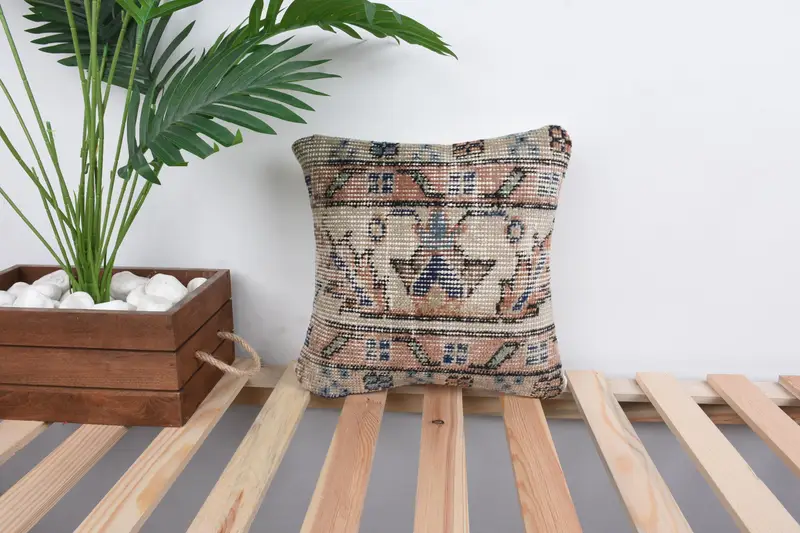 12x12 Beige Pillow, Tribal Cushion, Ethnical Kilim Rug Pillow, Handmade Kilim Cushion, Turkish Kilim Pillow, Tribal Pillow Case, Pillow Cover - 1