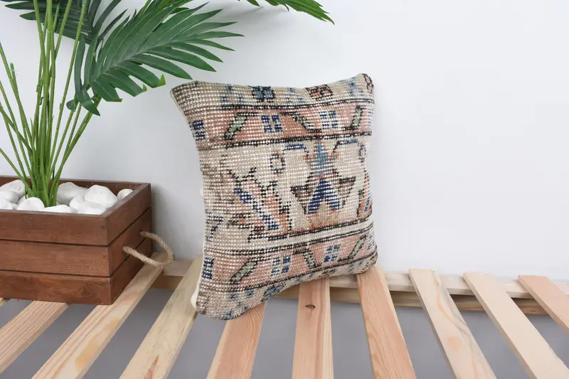 12x12 Beige Pillow, Tribal Cushion, Ethnical Kilim Rug Pillow, Handmade Kilim Cushion, Turkish Kilim Pillow, Tribal Pillow Case, Pillow Cover - 4