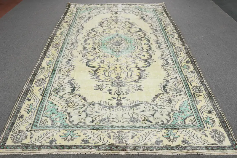 5,9x9,5 ft türkischer Vintage Teppich, großer Teppich, gelber Oushak Massivteppich - 1