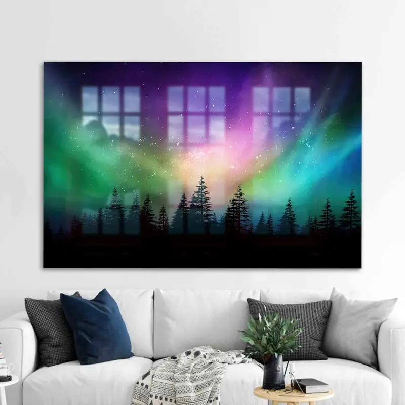 エレガントなプリントガラス：オーロラライトフォレストシルエットデザイン