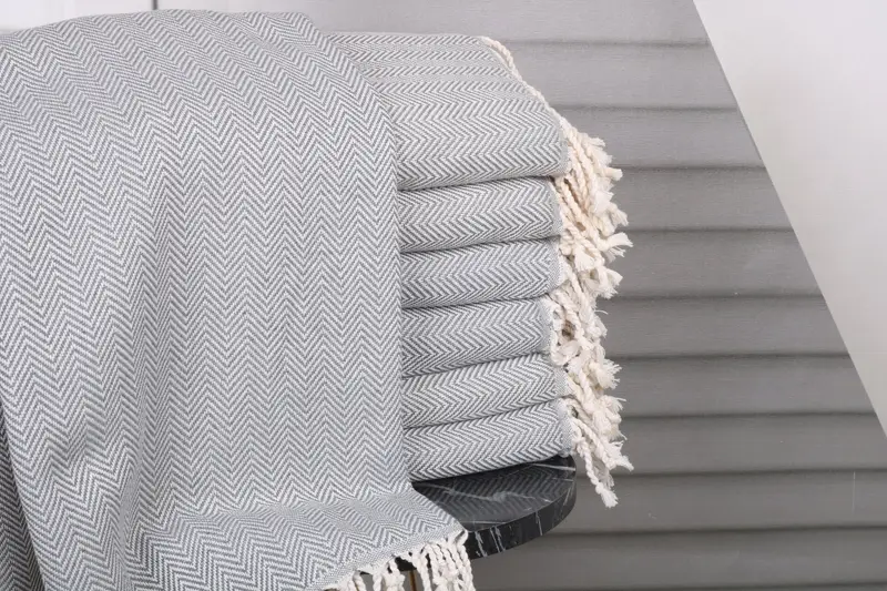 Herringbone Towel Gray Organic Cotton or Linen 40x71 Inches