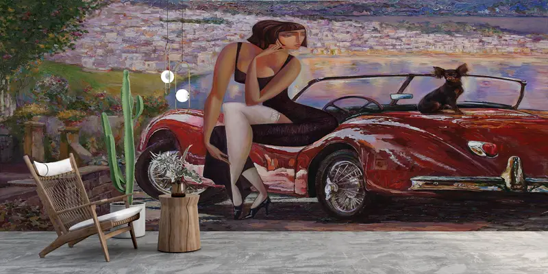 風景の壁紙、ガールウォールペーパー、車の壁の壁画、シーケープの壁紙、赤い車の壁画、女性の壁印刷、現代の壁紙、 - 2