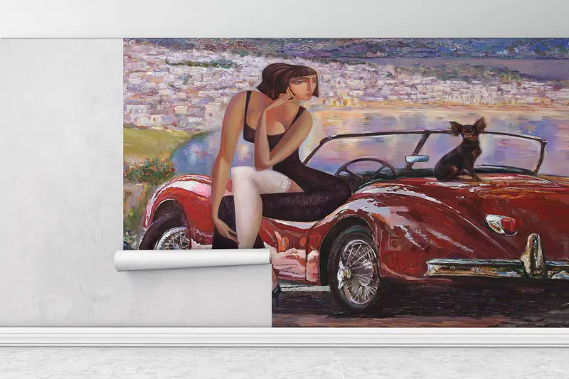 風景の壁紙、ガールウォールペーパー、車の壁の壁画、シーケープの壁紙、赤い車の壁画、女性の壁印刷、現代の壁紙、 - 1