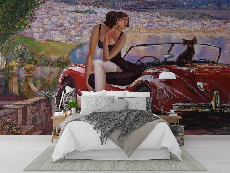 風景の壁紙、ガールウォールペーパー、車の壁の壁画、シーケープの壁紙、赤い車の壁画、女性の壁印刷、現代の壁紙、 - 5