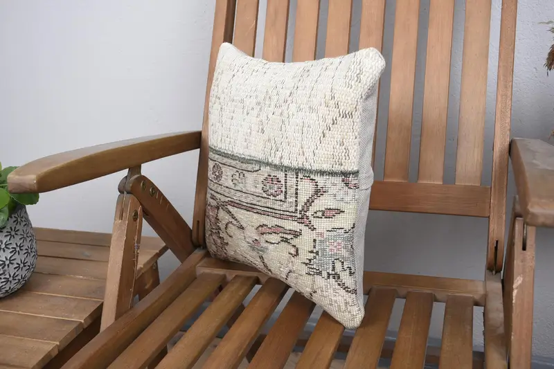 Throw Kilim Pillow, Cushion Cover, 14x14 Beige Pillow, Hippie Throw Pillow Sham, Pillow for Sofa, Turkish Pillow, Turkish Corner Pillow Case - 3