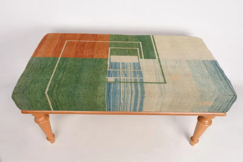 モジュラーグリーン&オレンジオットマンセット、キリム風ウールブレンドオットマン