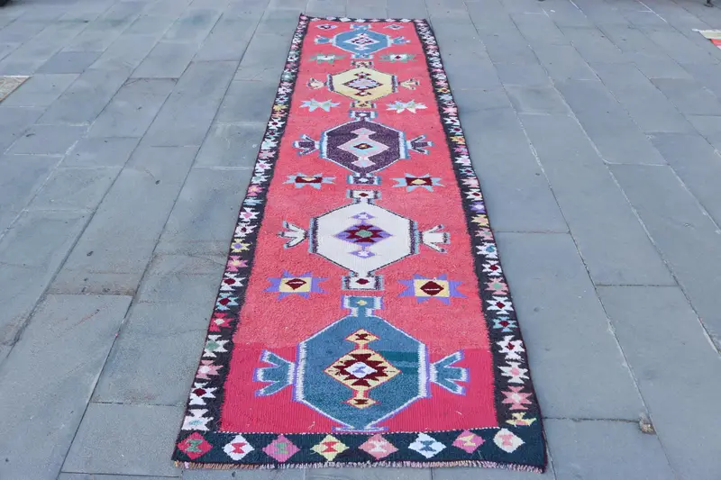 3.1x11.5 ft Turkish Kilim Rug, Red Patchwork Vintage Wool Rug - 1