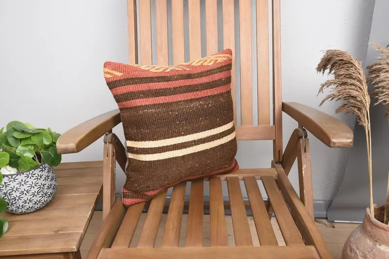 Square Striped Throw Euro Sham, Antique Orange Gift for Her 16x16 inch Pillow Sham - 1