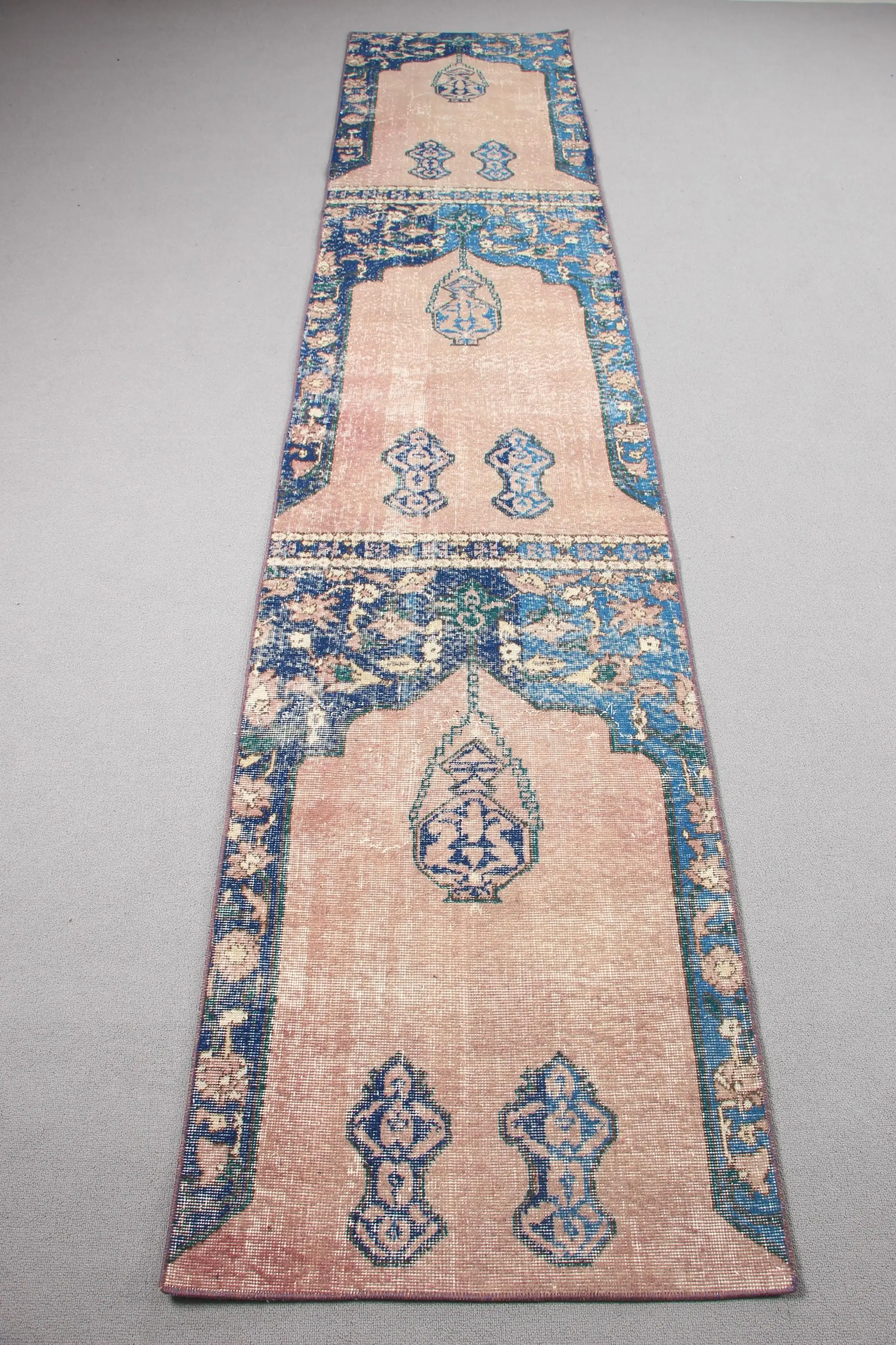 Vintage Runner Rug 2.3x11.4 ft (71x348 cm), Blue Camouflage Turkish Rug - 1