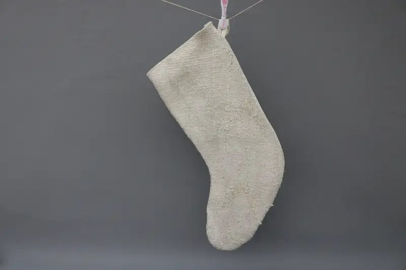 Beige Christmas Stocking with White Ornaments, Festive Holiday Stocking