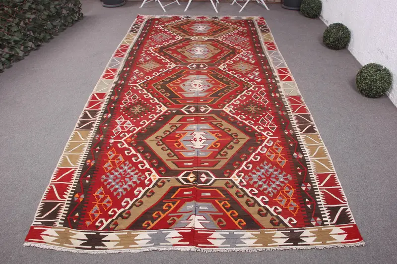 El Yapımı Kırmızı Halı, 5,2x10,6 ft Botanik Tasarım