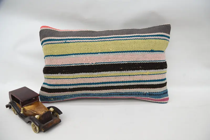 Turkish Striped Cushion, Blue Handwoven Antique 12x20 inch Cushion Case - 1