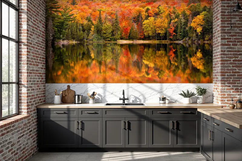 Bedruckte Tapete mit Herbstbaumlandschaft: Elegantes Bauernhausdekor