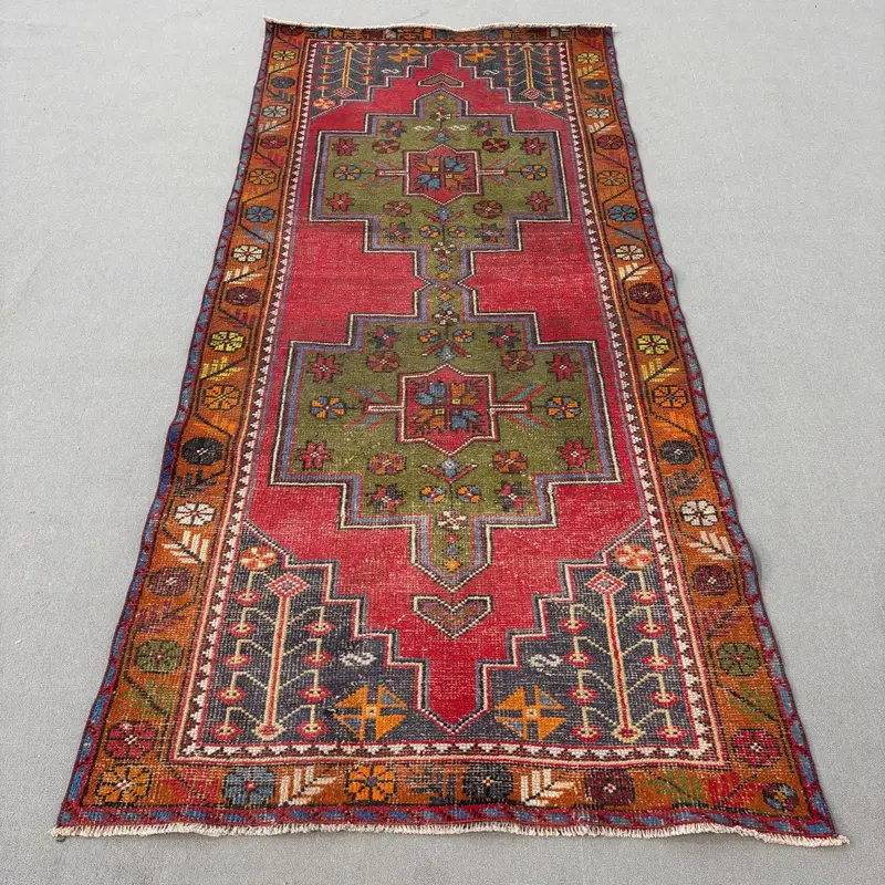 4.2x9 ft Rug, Vintage Turkish Area Rug, Red Oushak Wool Rug - 1