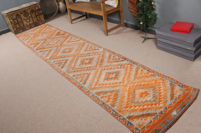 Orange & Purple Ikat Rug, 2.7x12.2 ft Vibrant Decor