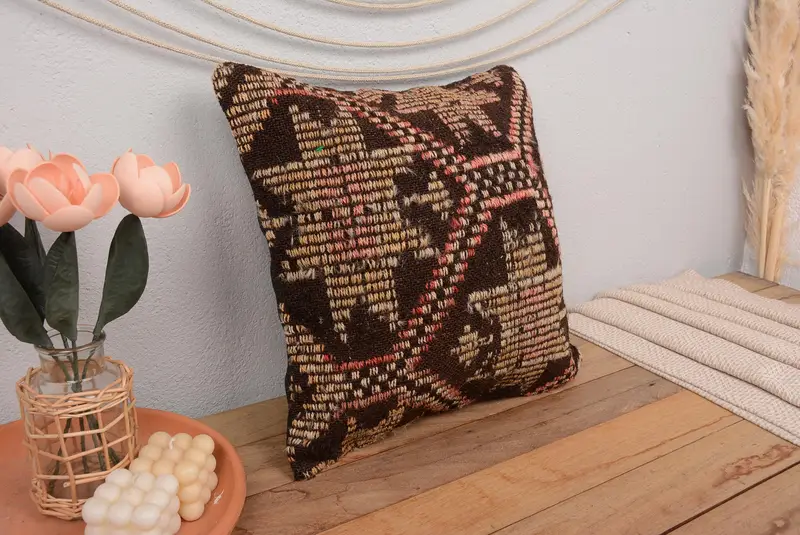 Vintage Kilim Pillow, Cushion Cover, Rustic Pillow Cover, Car Cushion Case, Art Deco Cushion, Turkish Kilim Pillow, 18x18 Pink Pillow, Gift Pillow - 1