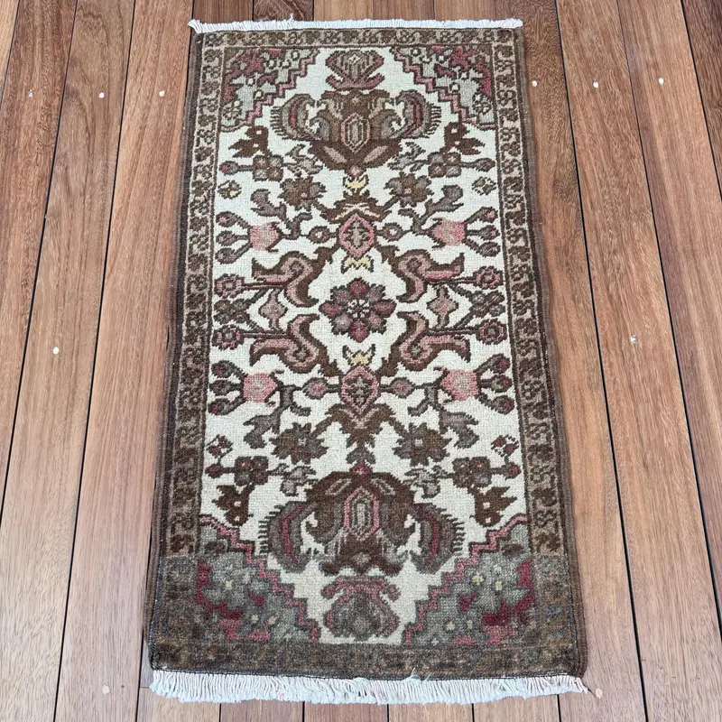 Vintage Turkish Rug, Small 1.6x2.9 ft (49x87 cm) Rug, Brown Ombré Wool Rug - 1