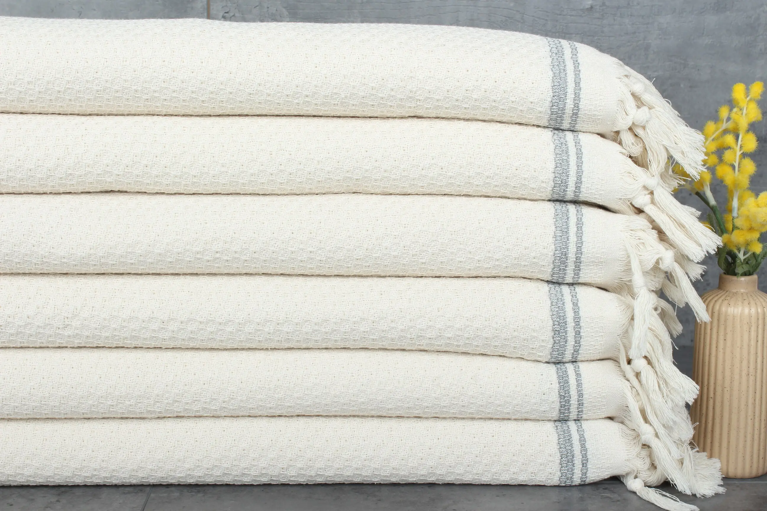 Decorative Dark Gray Striped Cotton Blanket, 91x93 Inches - 1