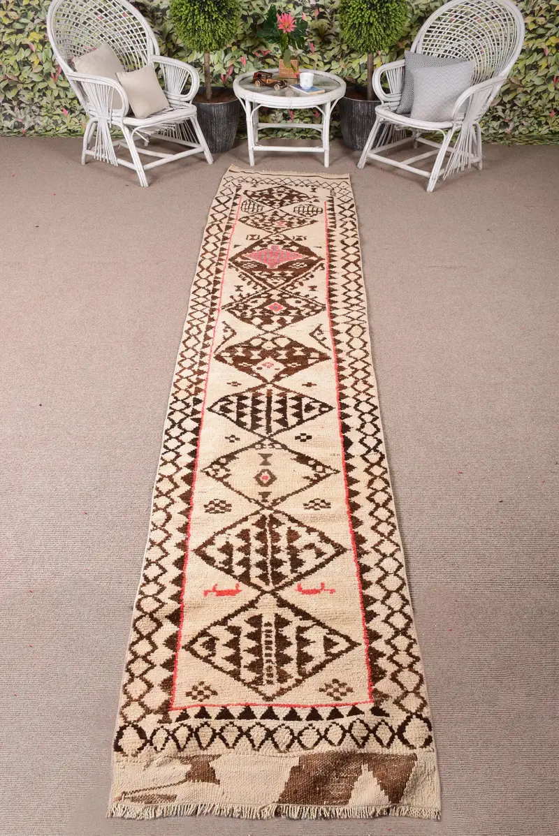 2.5x12.6 ft Turkish Herki Rug, Brown Check Vintage Wool Rug - 1