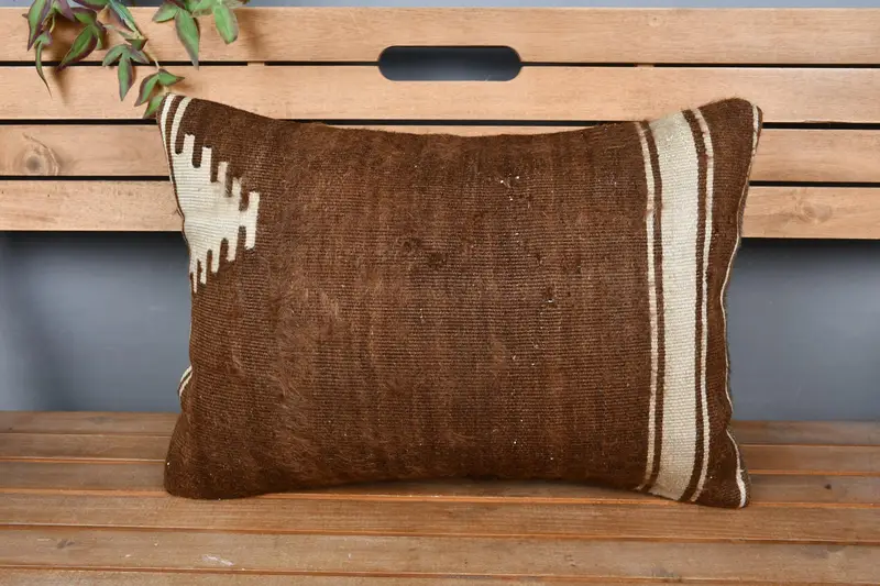Pillow Sham, Antique Pillows, Boho Throw Cushion, Handmade Kilim Cushion, Seat Pillow Case, 16x24 Brown Cushion Cover, Pillow for Couch - 6